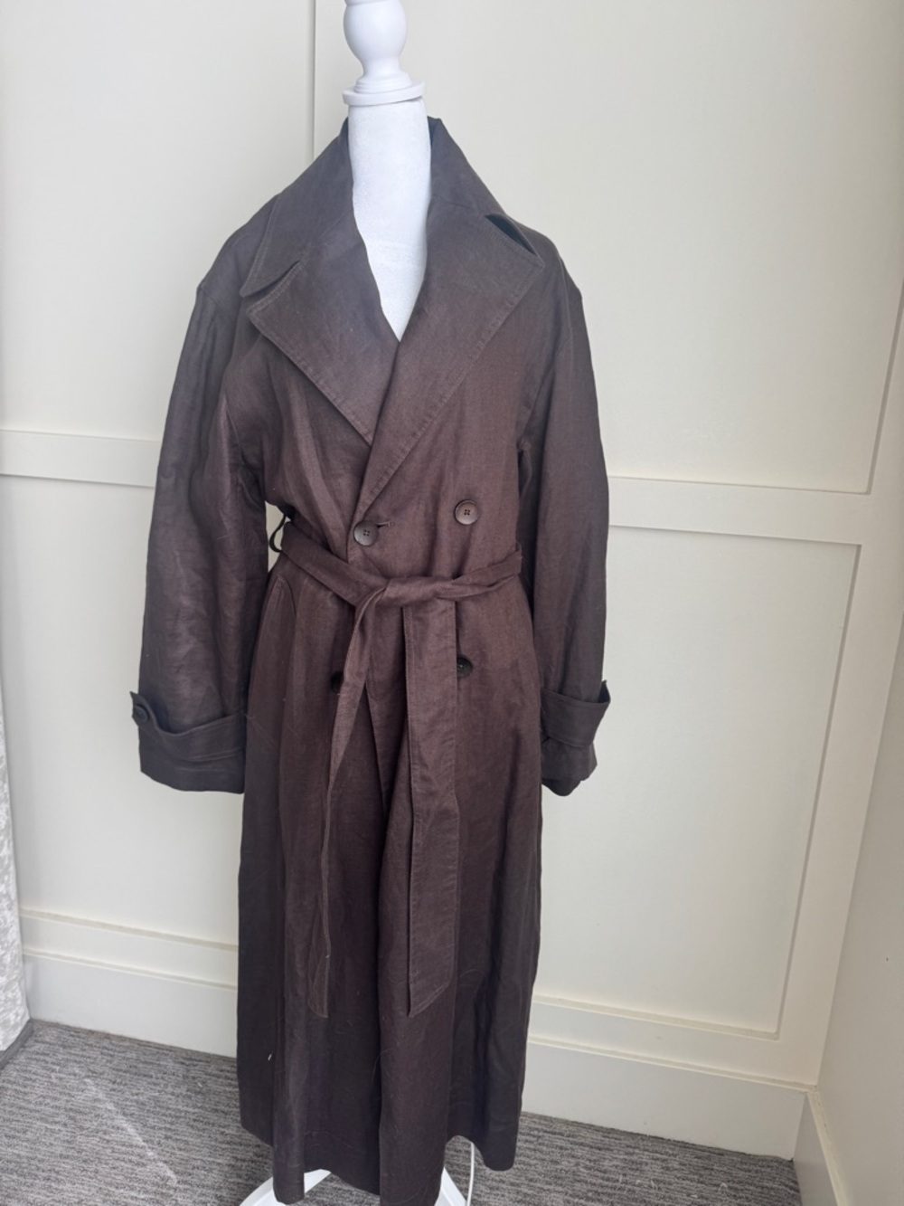 Mango Brown Double-Breasted Linen Trench Coat - Picture 3 of 16